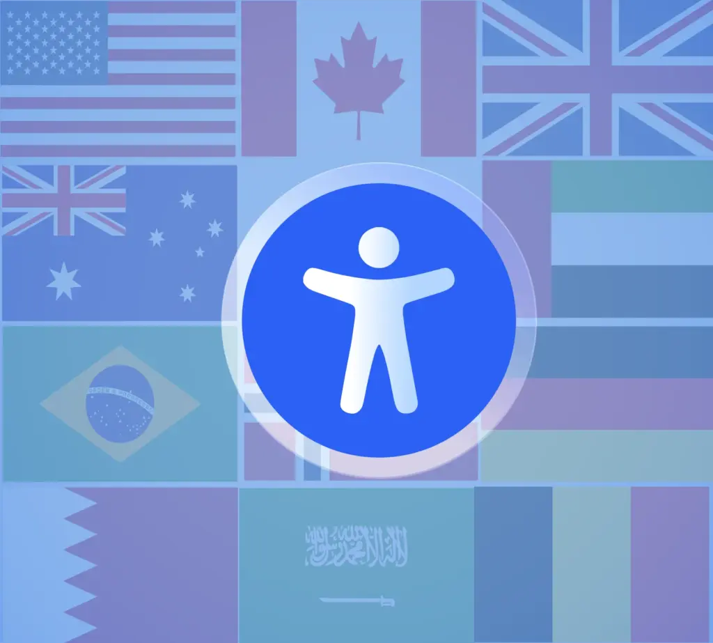 An accessibility icon over a background of various international flags.