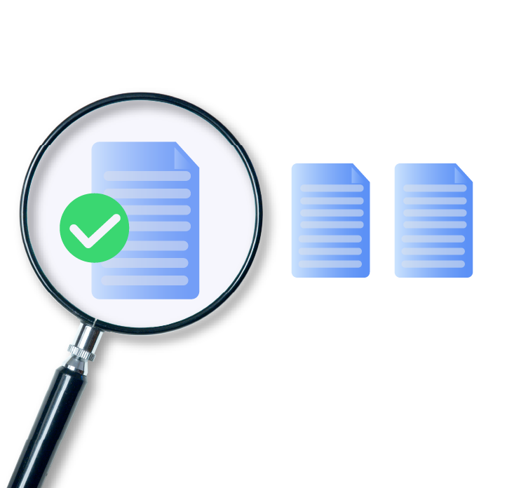 A magnifying glass highlights a document with green checkmark among three other documents