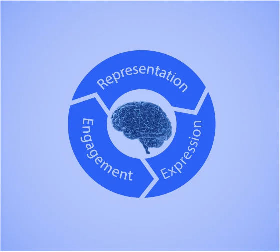 A diagram of a brain surrounding wih three arrows, labeled "Representation," "Engagement," and "Expression."