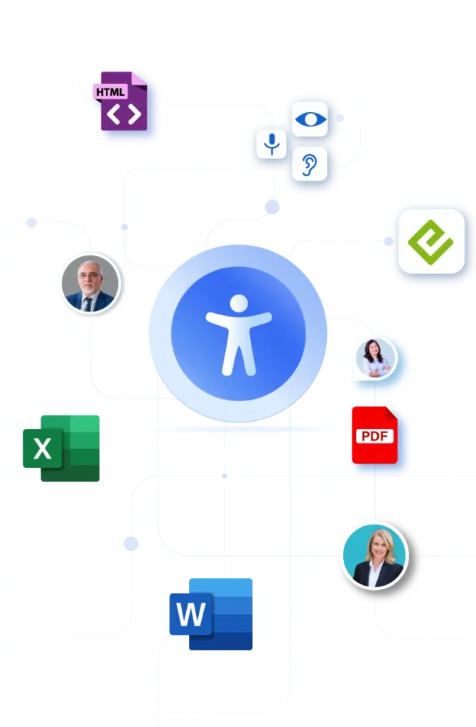 An accessibility icon with file formats (HTML, PDF, Excel, Word) and user photos showing inclusive document support.